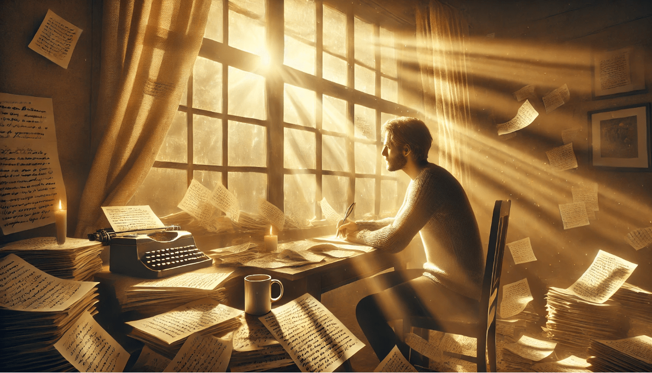 A realistic scene of a writer seated at a wooden desk beside a large window at sunrise