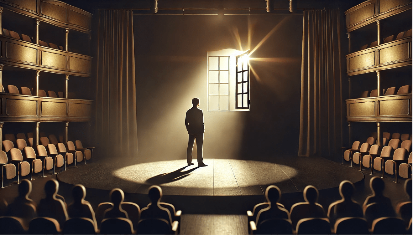 A lone actor stands on a dimly lit theater stage under a soft spotlight