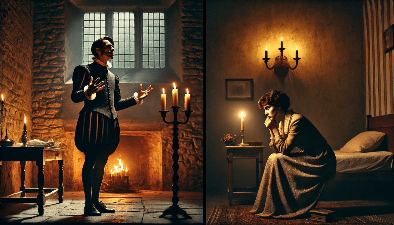 The left side shows a man in historical Elizabethan attire speaking passionately in a dark