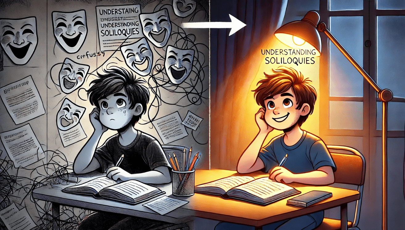 On the left, a young student sits at a desk looking confused