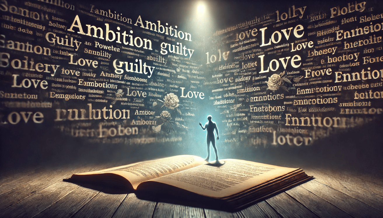 where words like “ambition,” “guilt,” and “love” glow faintly on the paper