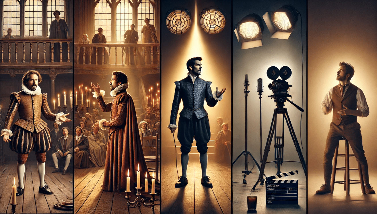 On the left, a Shakespearean actor in elaborate Elizabethan costume stands on a wooden stage