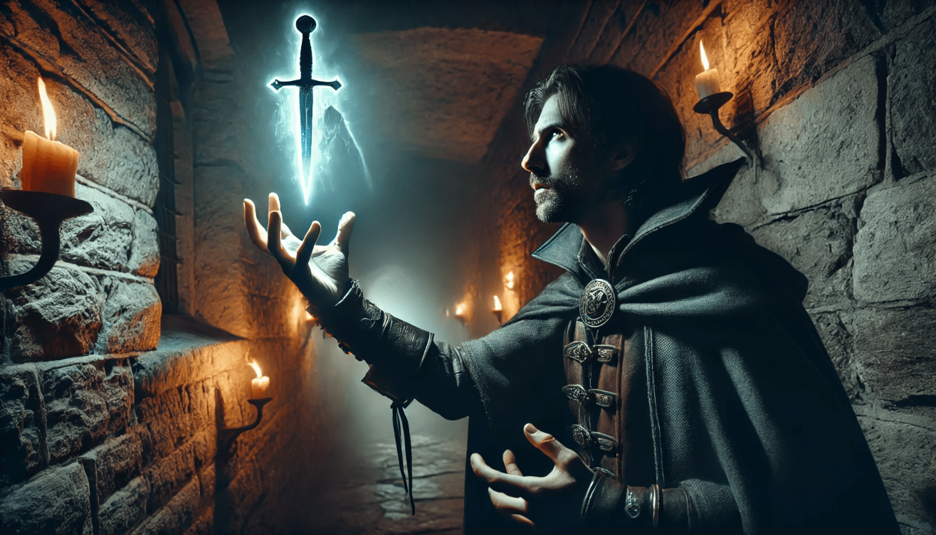 A tense figure in medieval armor stands in a dim castle corridor, reaching toward a glowing