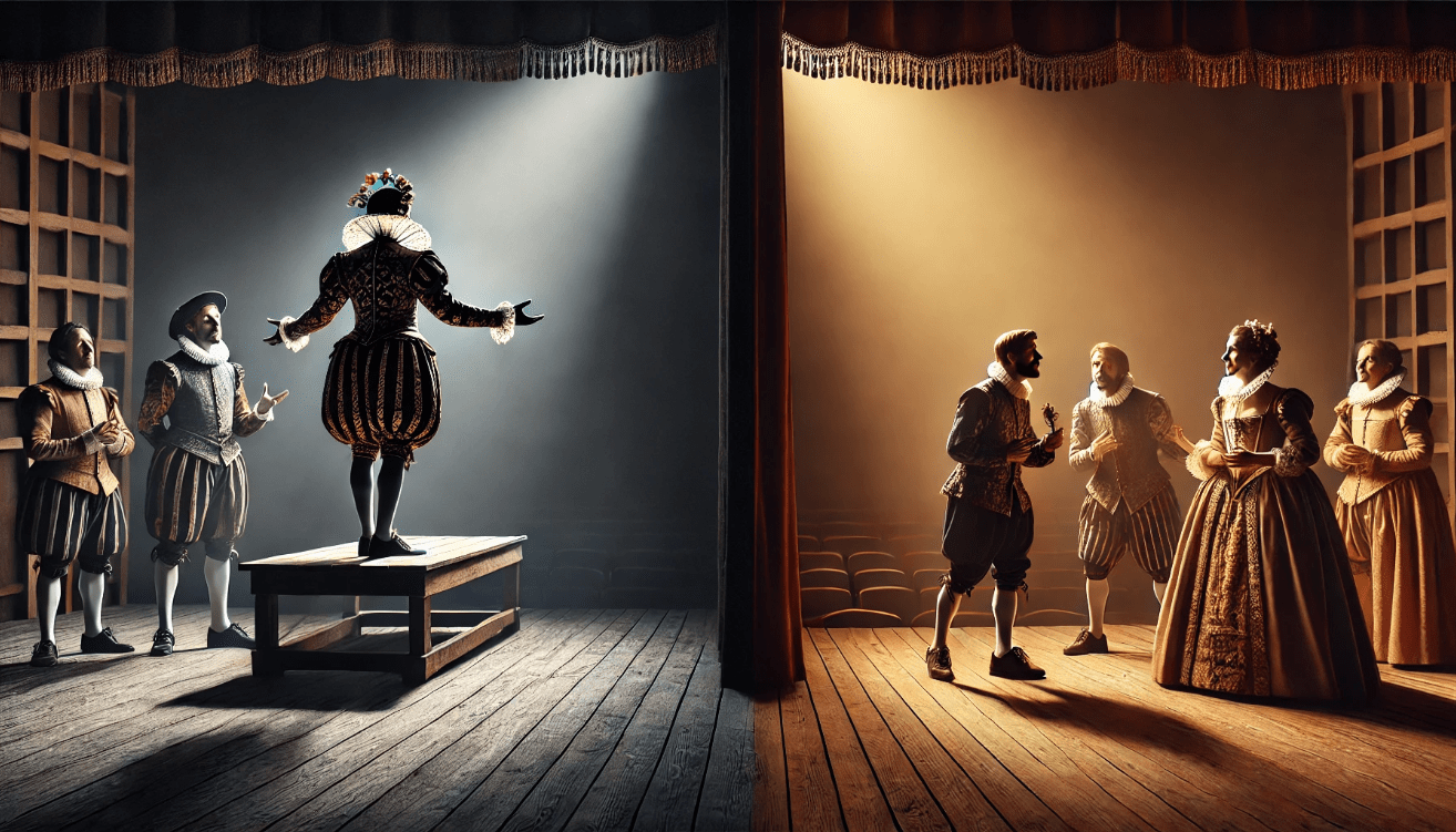 A split-stage theatrical scene visually compares two styles of performance