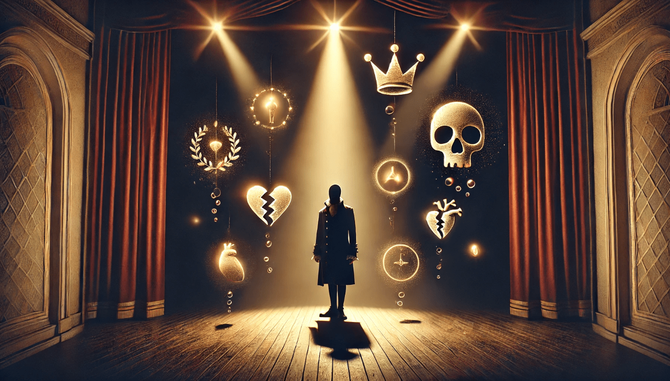 A lone character in a dramatic costume stands under a bright spotlight on a dark
