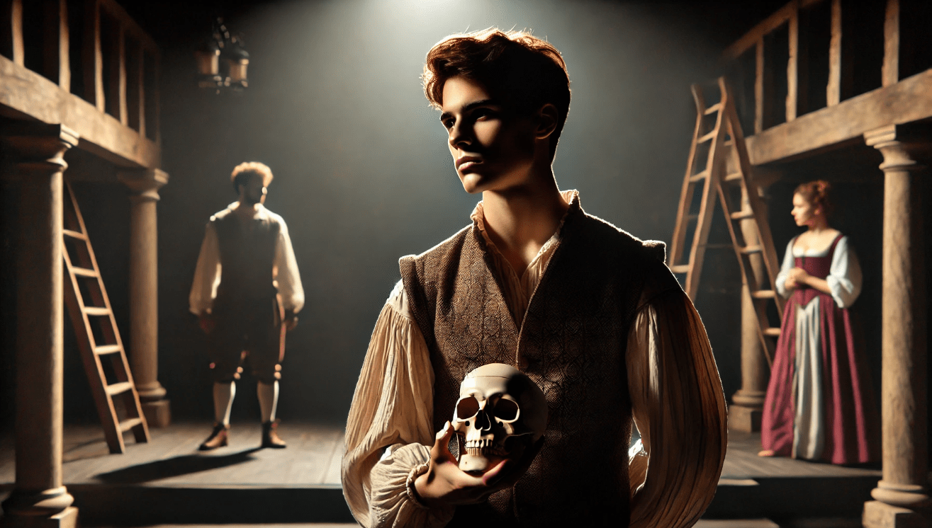 A solitary figure dressed in Renaissance attire stands on a darkened stage