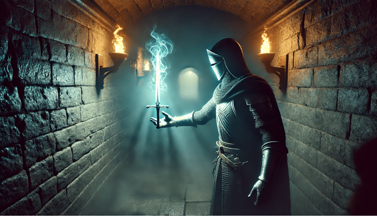 A shadowy figure clad in medieval armor stands in a dark stone corridor lit by flickering wall-mounted torches