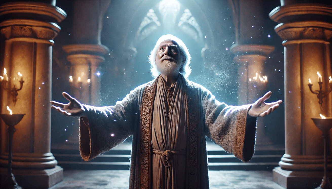 An elderly man in flowing, wizard-like robes stands at the edge of a glowing magical stage