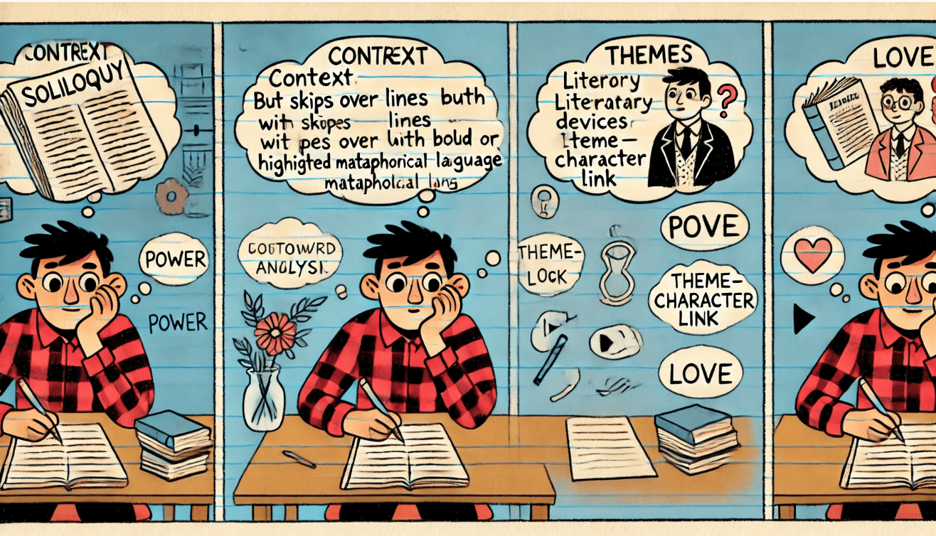 A student sits at a desk, looking confused, with question marks over their head. A sheet of paper with a soliloquy is in front of them, but there's no visible context—just a blank background