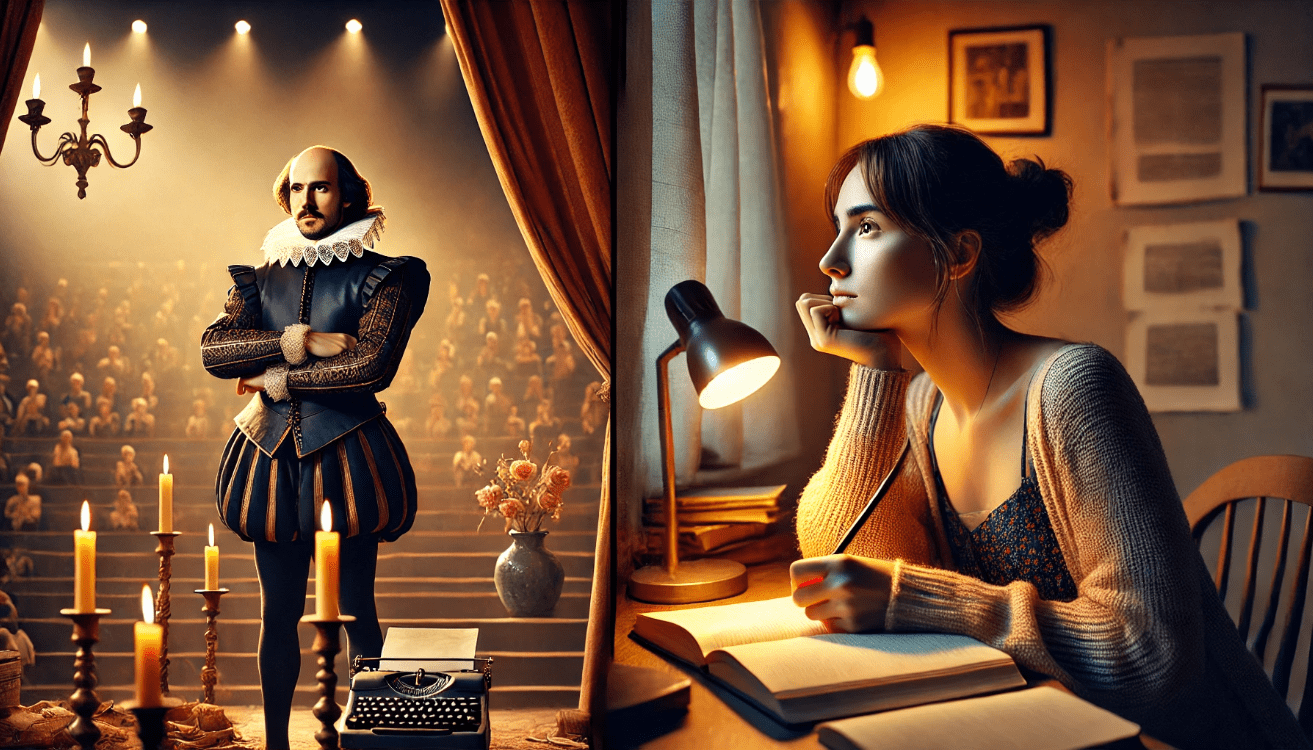A young adult sitting at a cozy desk by a window, journaling thoughtfully with a warm cup of tea nearby. The room is softly lit with plants or books around, symbolizing comfort and personal growth. Calm, introspective atmosphere, 16:9 ratio.