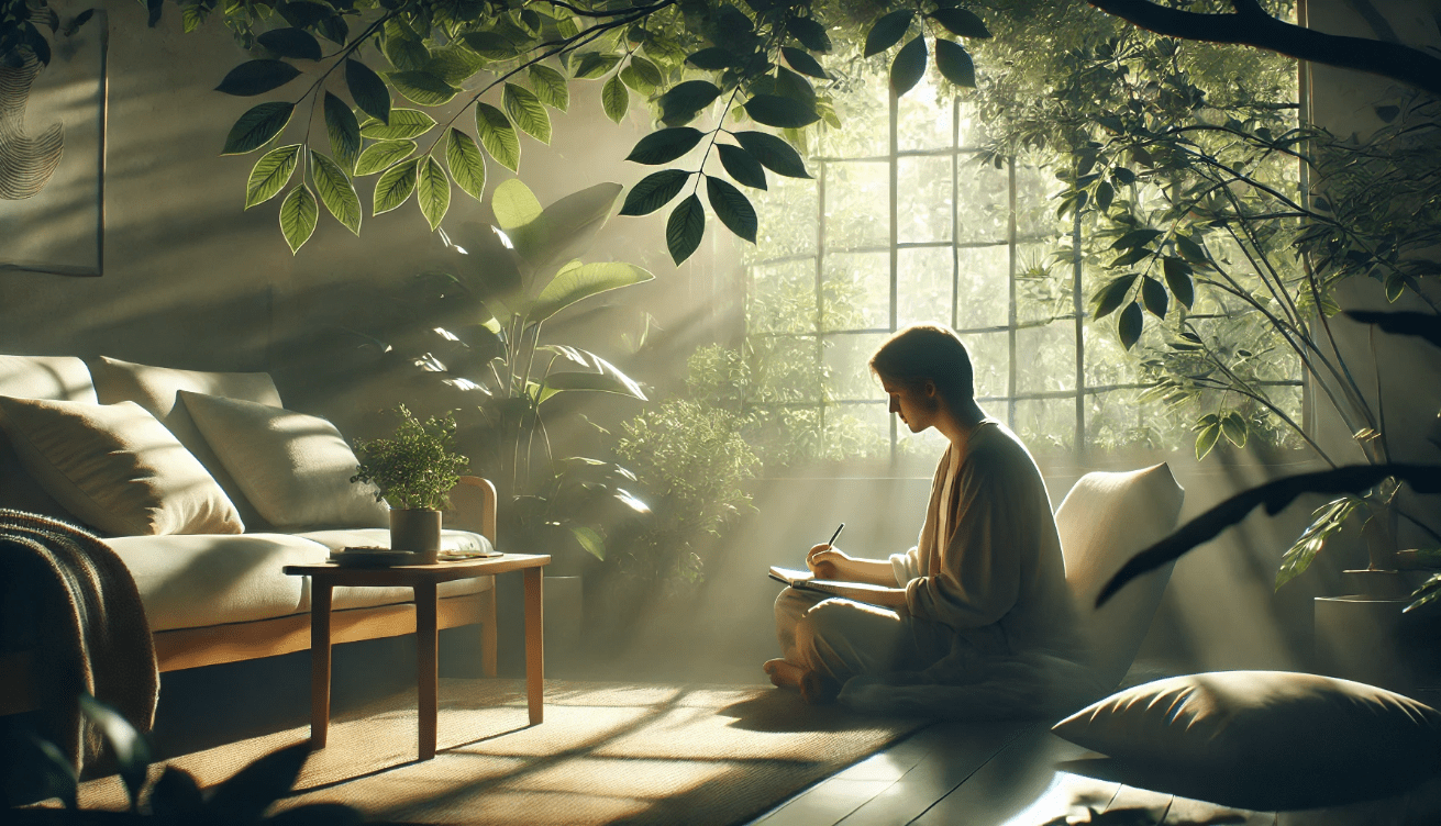 A person sits on a wooden bench in a tranquil park