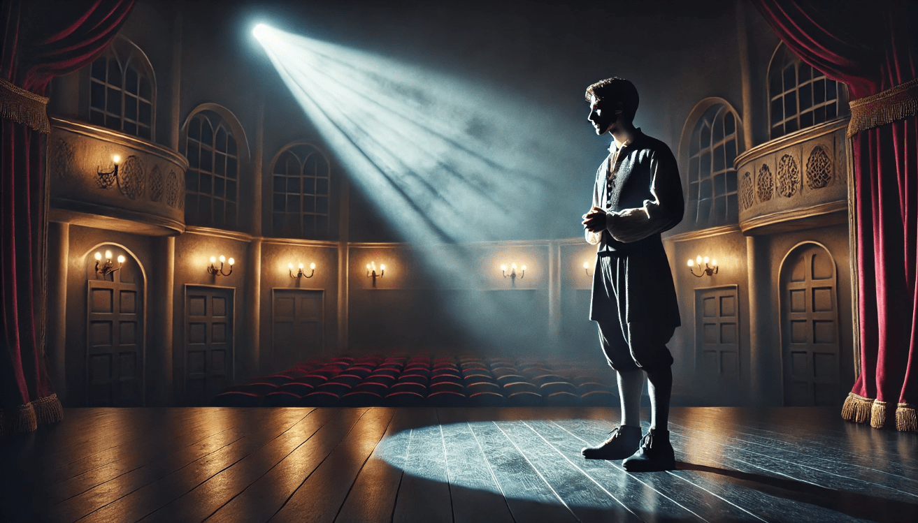 A single actor stands on a dimly lit theater stage under a focused spotlight
