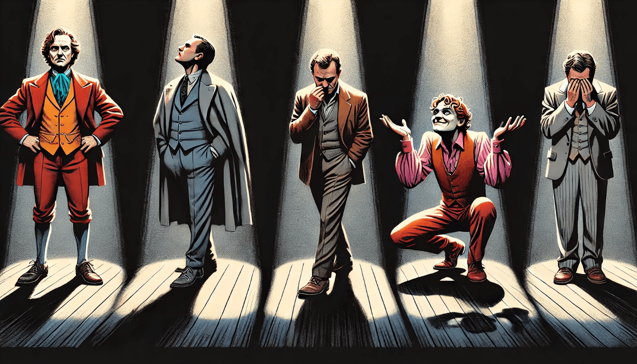 A split-stage illustration showing four theatrical characters in individual spotlights on a dark stage