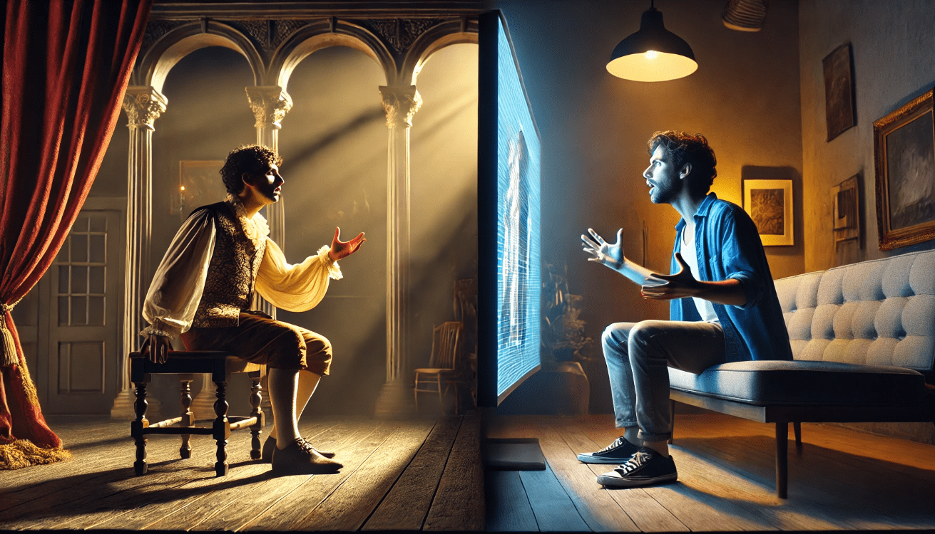 The left half features a classical actor on a shadowy stage