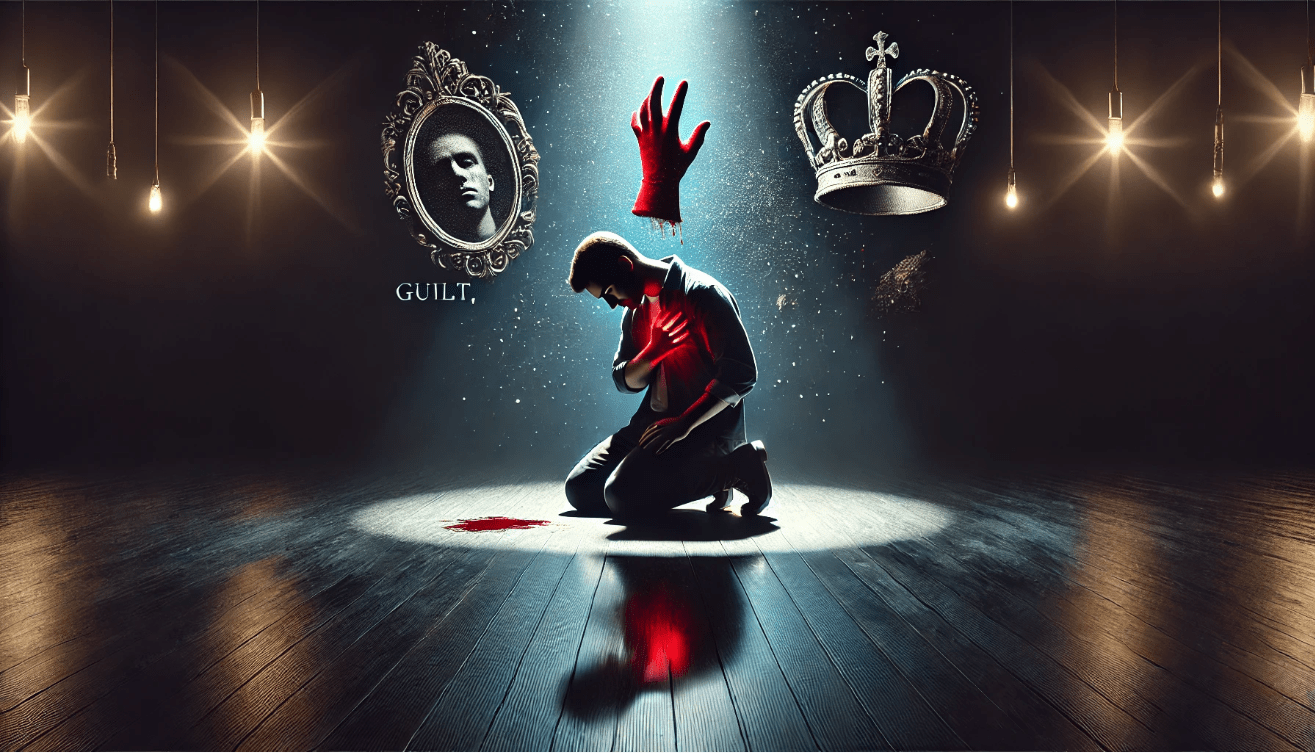 A dramatic stage scene featuring a lone character kneeling under a focused spotlight