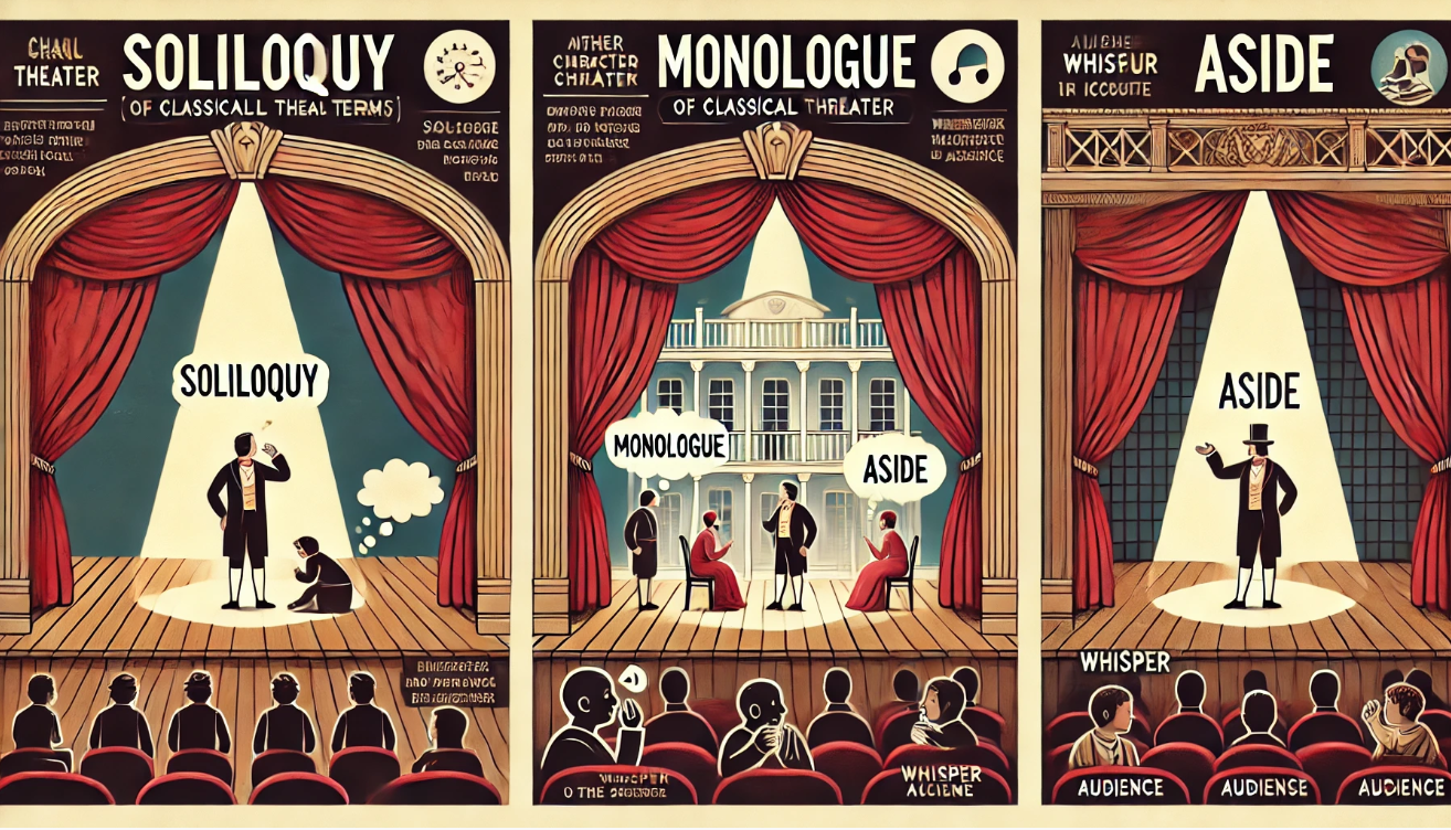 Infographic comparing soliloquy, monologue, and aside with clear visuals and theater symbols
