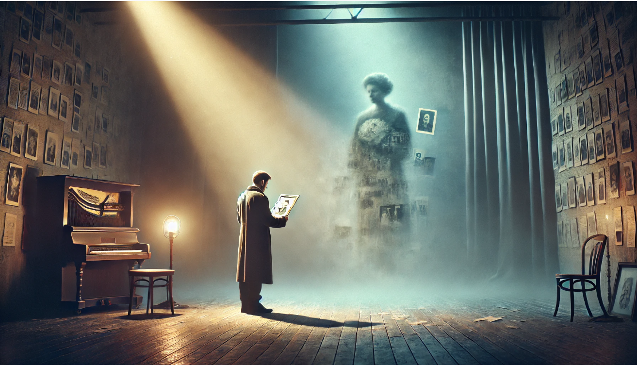 A character reflecting on the past with a photo in hand, symbolic memories faintly visible behind them