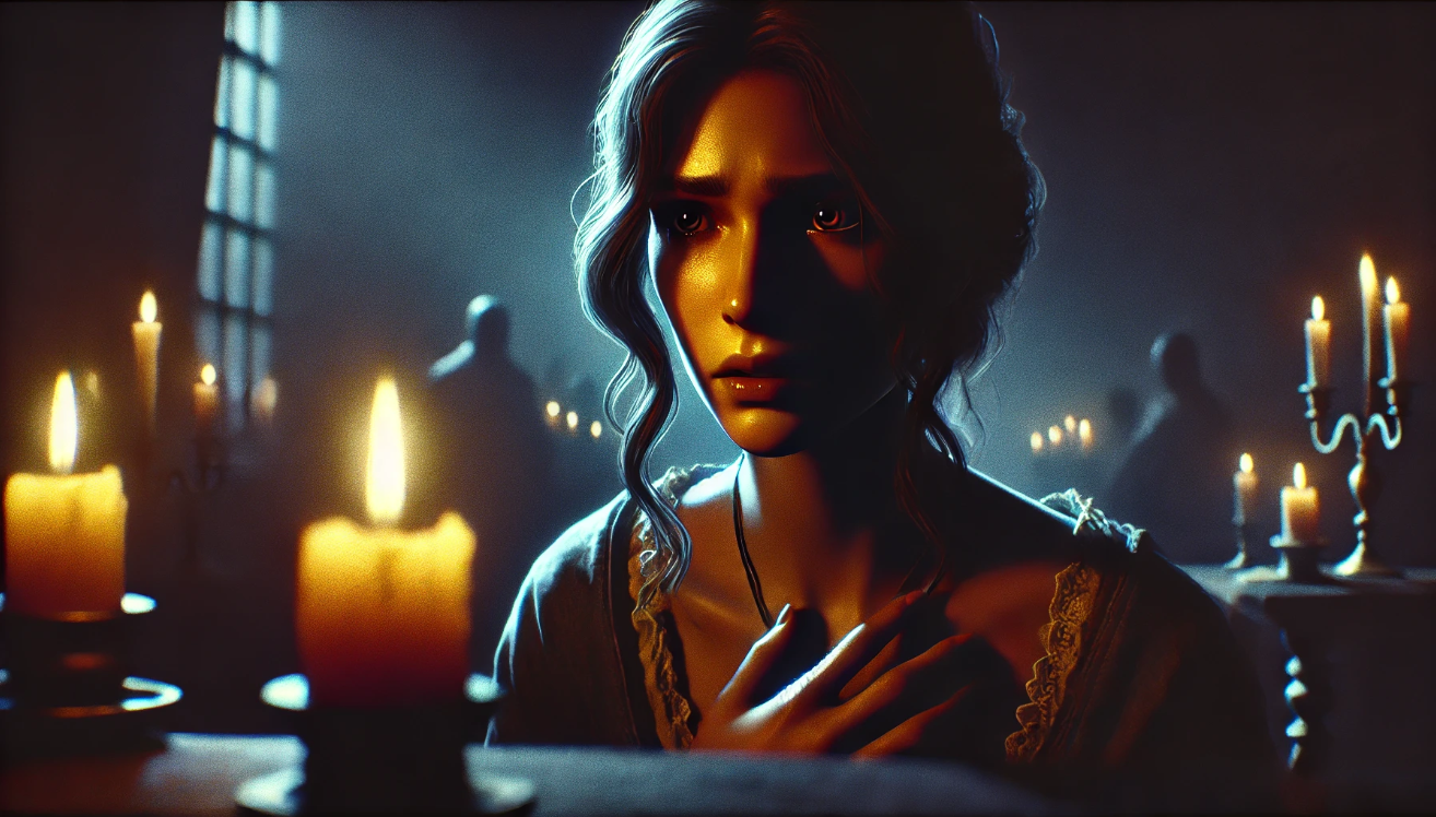 A woman in emotional turmoil, lit softly in shadows, symbolizing the inner conflict revealed in soliloquies