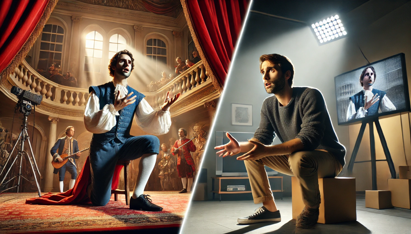 Split image of a classical and modern character delivering soliloquies, connecting timeless storytelling methods.