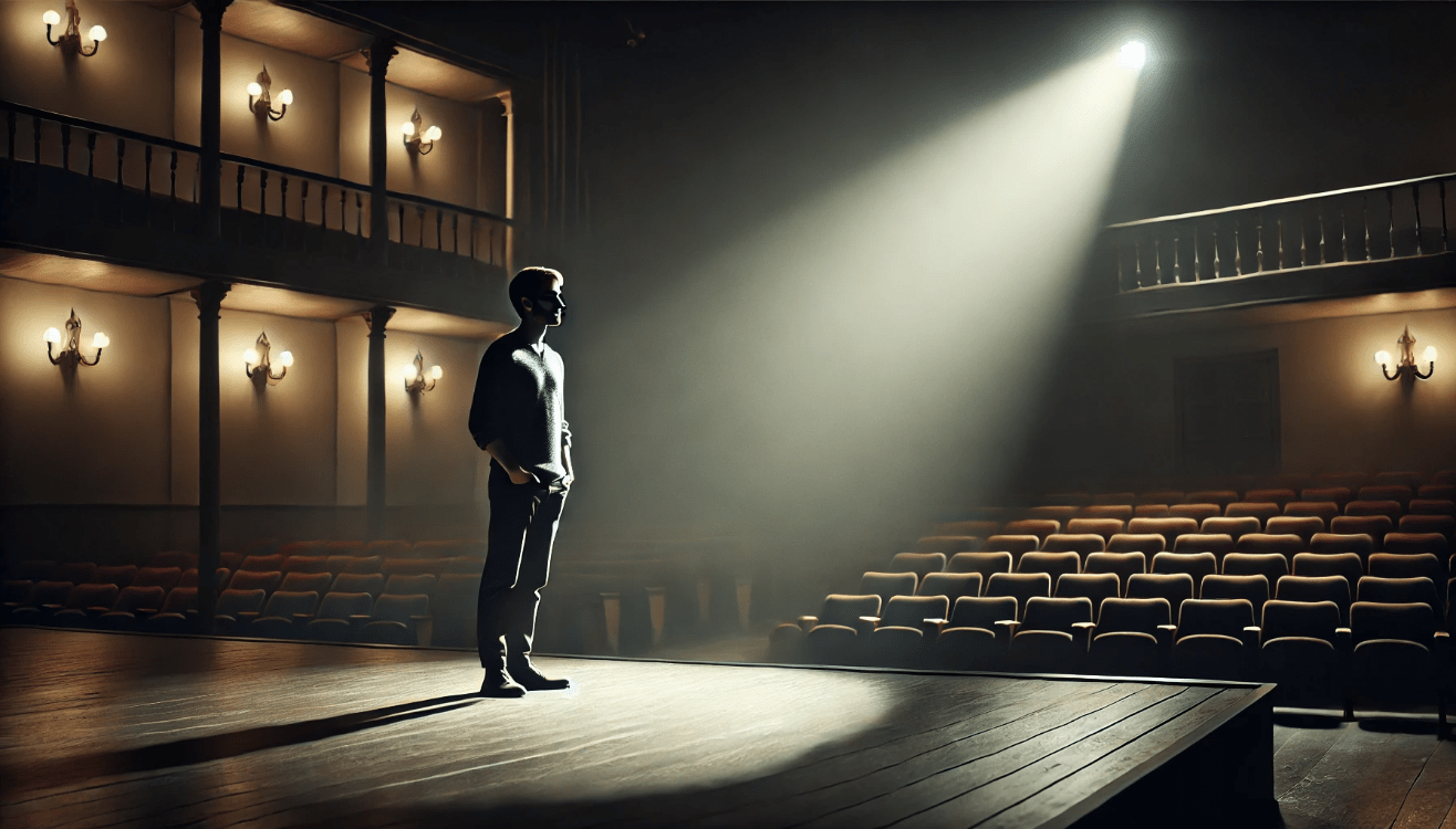 A lone actor stands center stage under a single spotlight in a dark theater