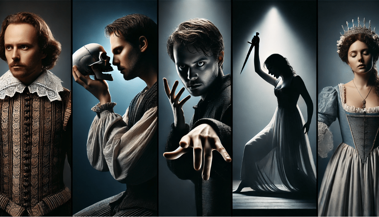 A split-stage scene showing three classic Shakespearean characters