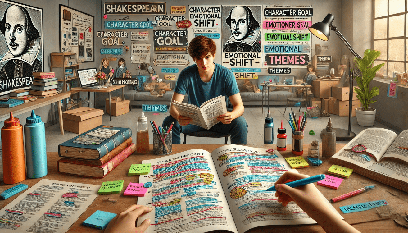 A dedicated student or young actor studies a Shakespearean script in a classroom-like rehearsal space.