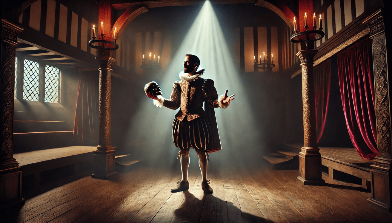 A lone actor stands on an Elizabethan-style wooden stage under a warm spotlight