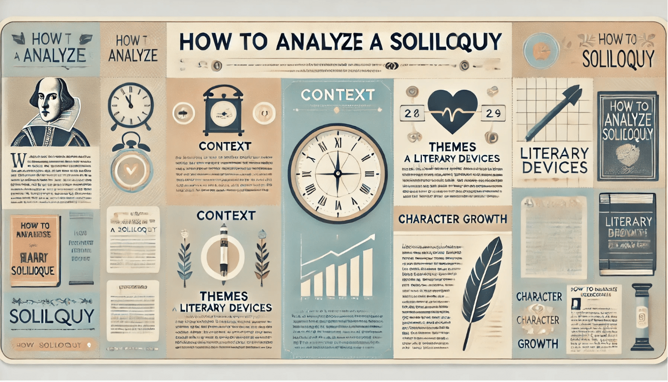 A modern, clean infographic titled “How to Analyze a Soliloquy” displayed across the top in bold font
