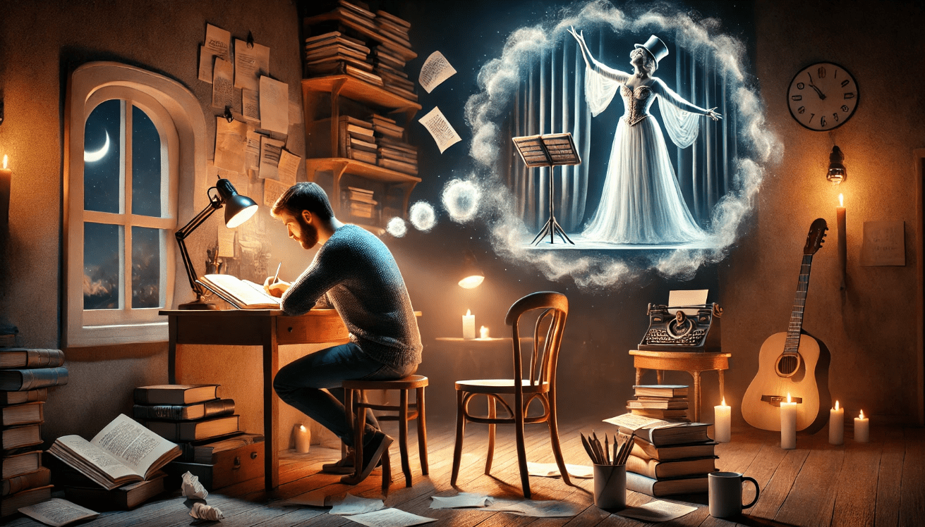 A softly lit study room featuring a student writing at a cluttered desk filled with books