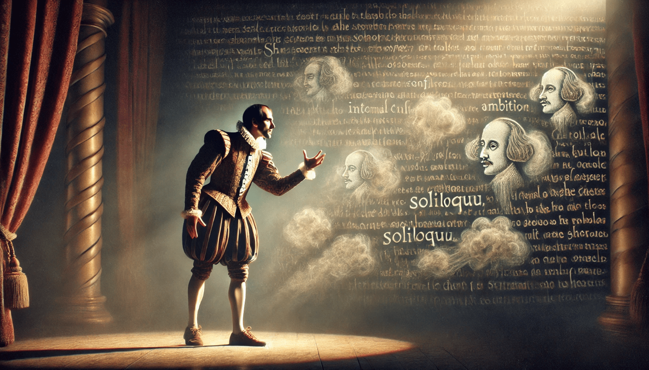A lone Shakespearean character stands on a dimly lit stage