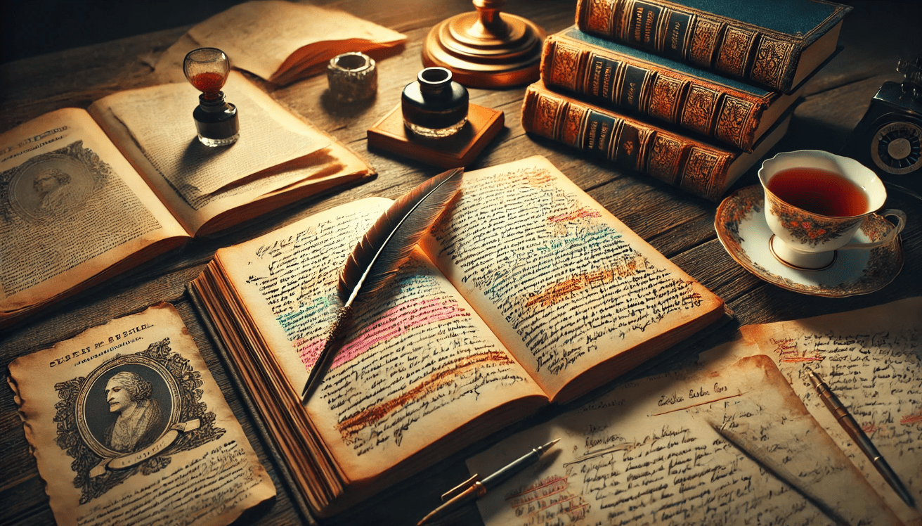 An overhead view of a wooden desk with an open antique book