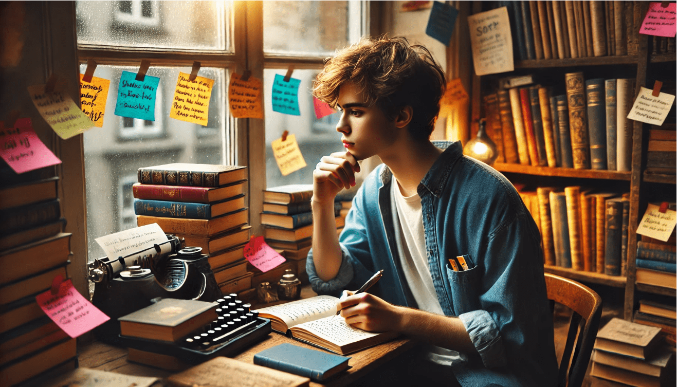 A young person with a thoughtful expression sits by a sunlit window