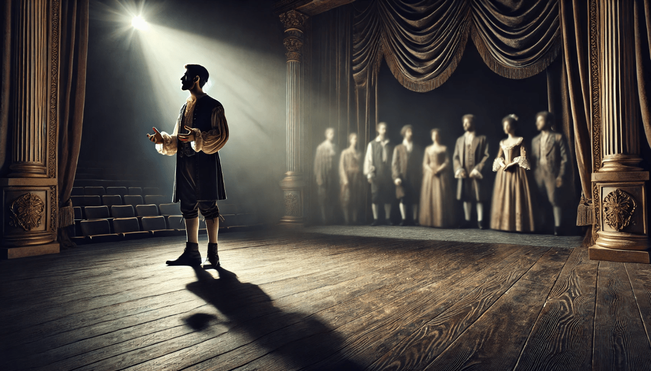 A dramatic scene in a classical theater: a single actor