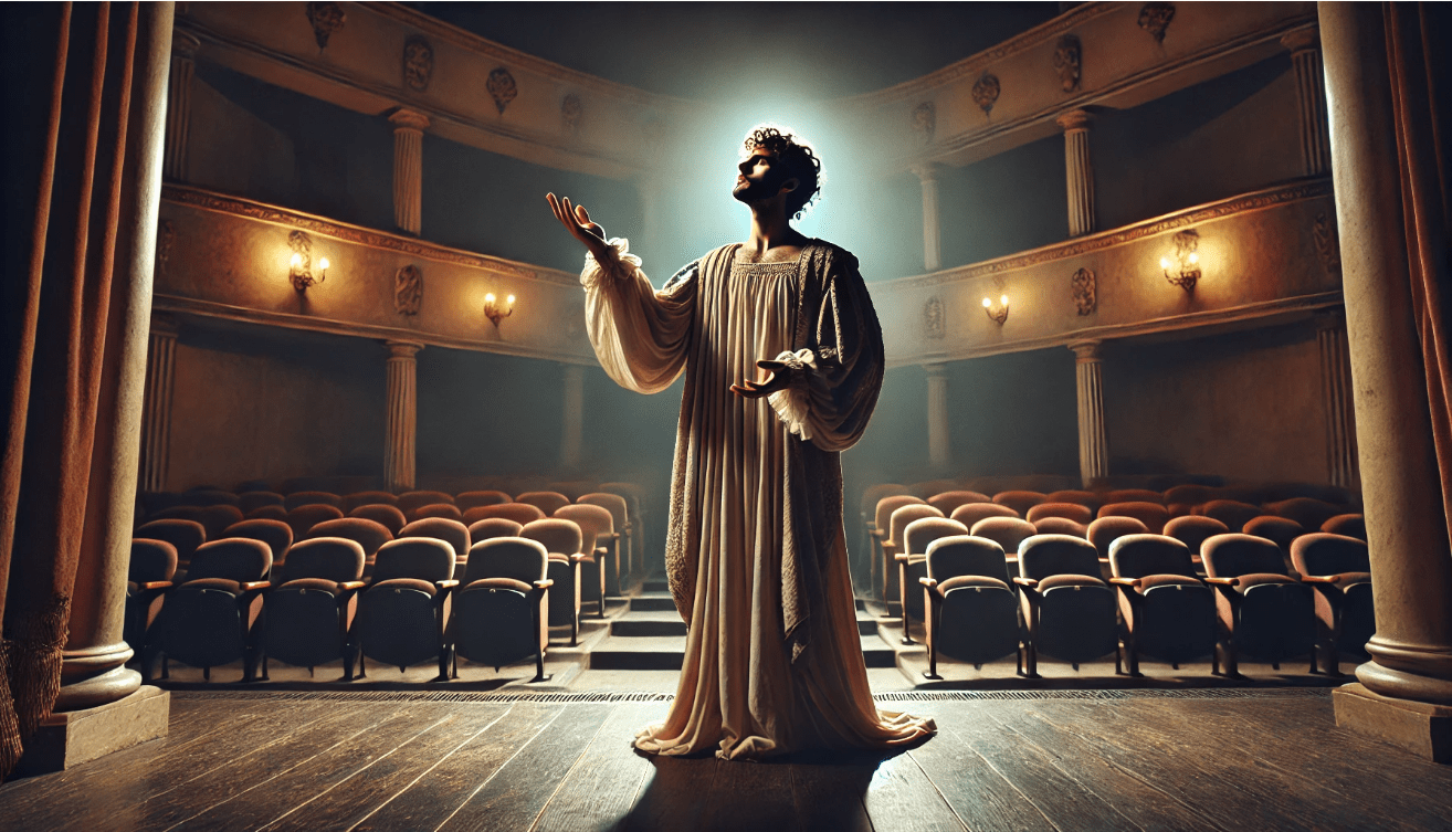 A lone classical tragic character stands center stage in an empty
