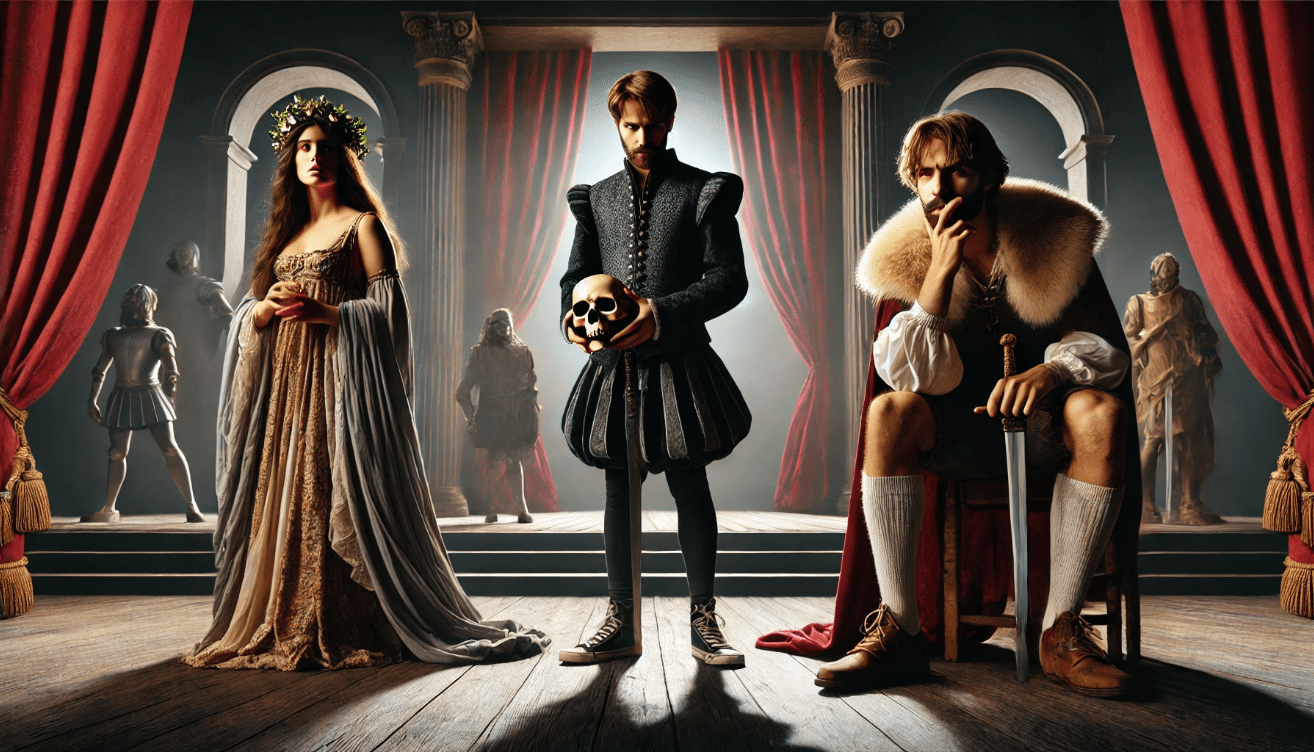 Three tragic characters from different eras perform solo on a dramatic stage