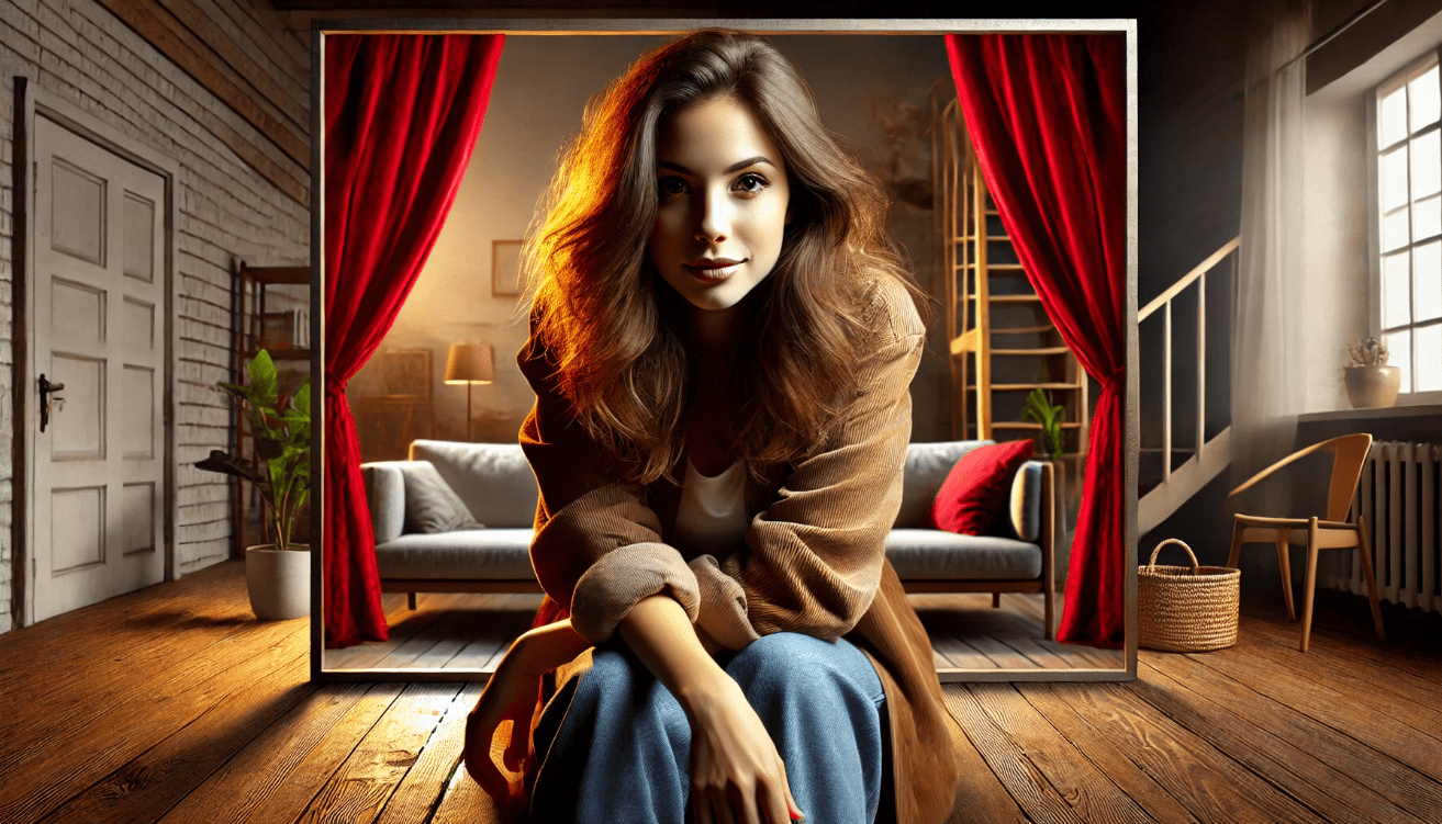 A modern woman in casual clothes sits on a couch in a cozy living room