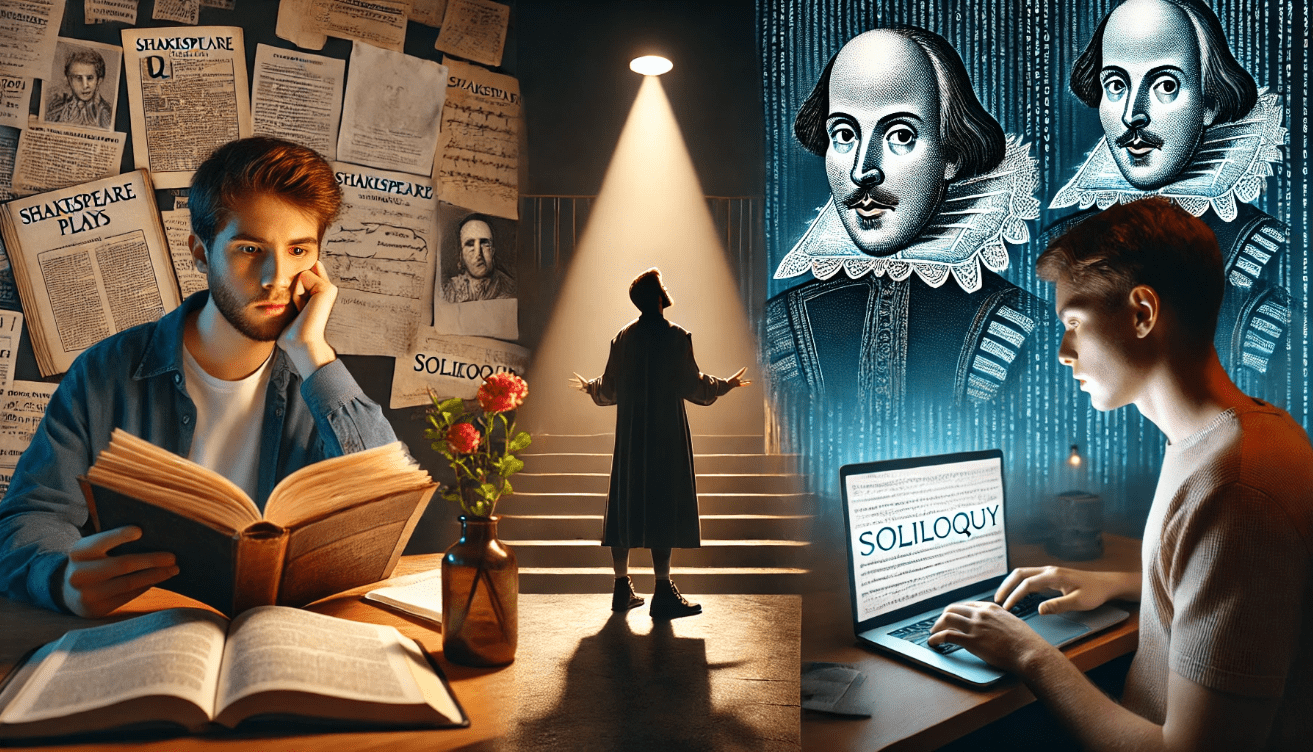 a student sits at a desk intently reading a Shakespeare play filled with handwritten annotations