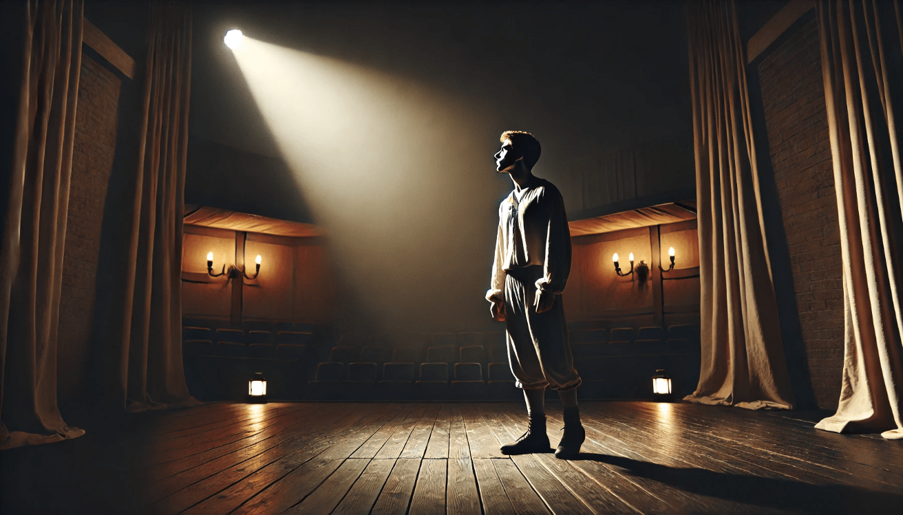 A solitary male figure dressed in period attire stands center stage in dramatic lighting