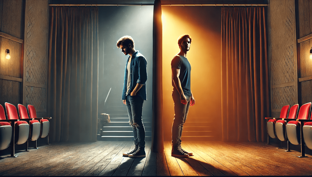 A theatrical split scene featuring a lone male figure in two emotional states