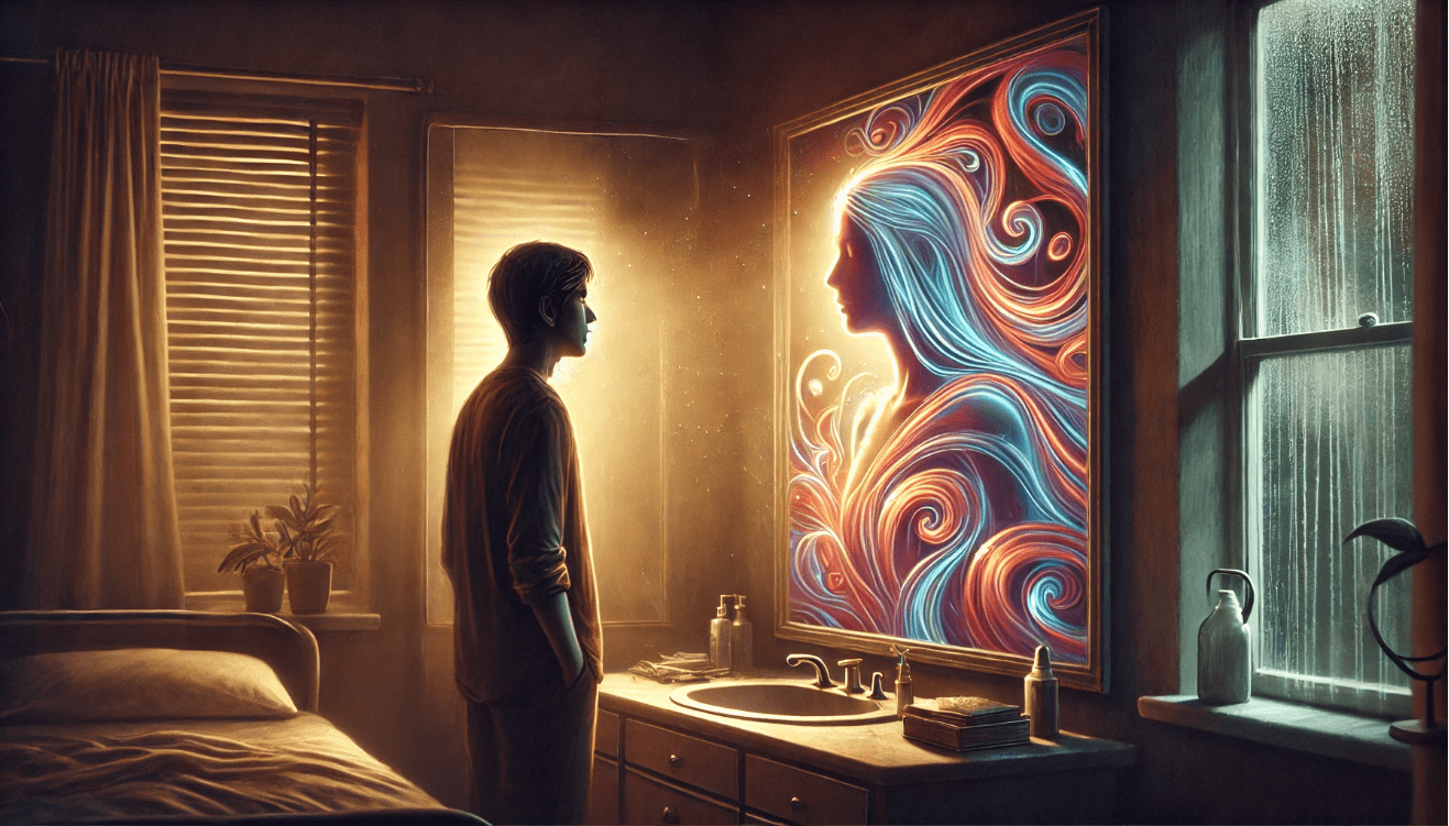 A person stands quietly in front of a mirror in a dimly lit, intimate room with soft, moody lighting.