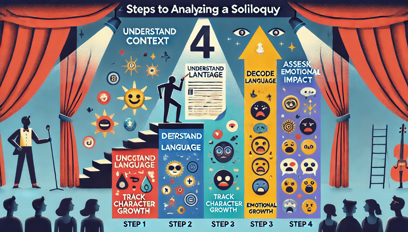 A modern, colorful infographic with four labeled steps for analyzing a soliloquy