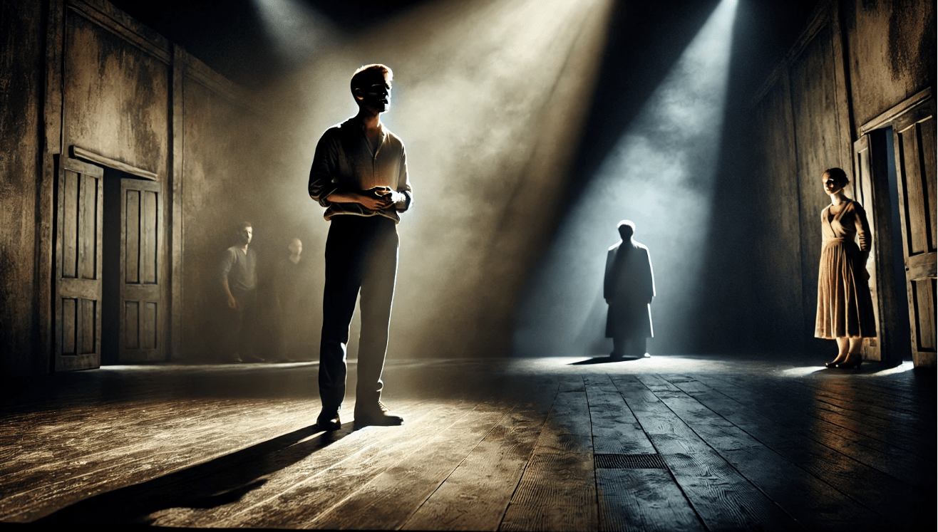 with a single actor standing alone in a bright spotlight at center stage