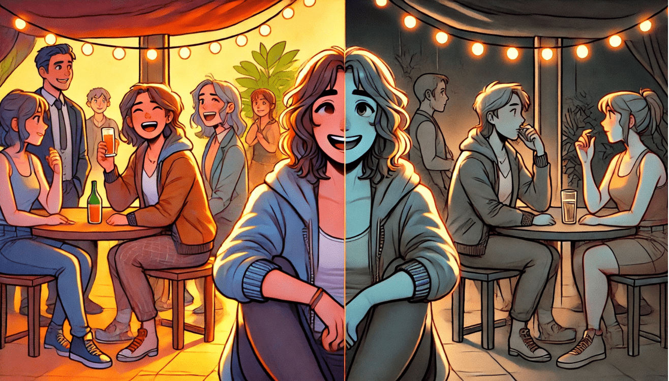 On the left side, a character smiles and interacts warmly with others in a bright