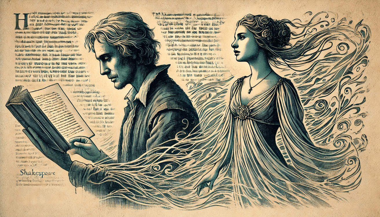 From its pages, ethereal, illustrated figures of Hamlet and Ophelia rise