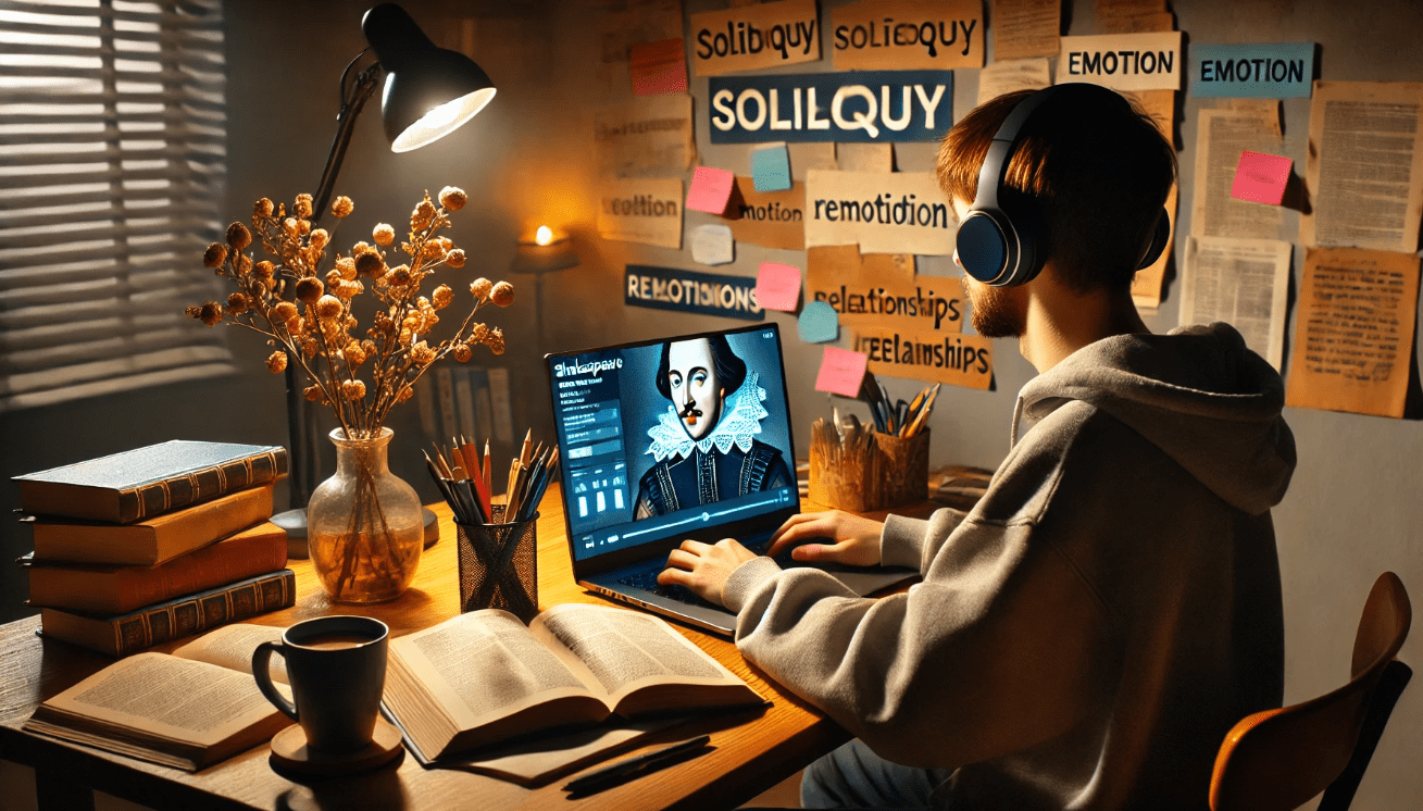 A student sits at a desk with a laptop, open books, and wearing headphones.