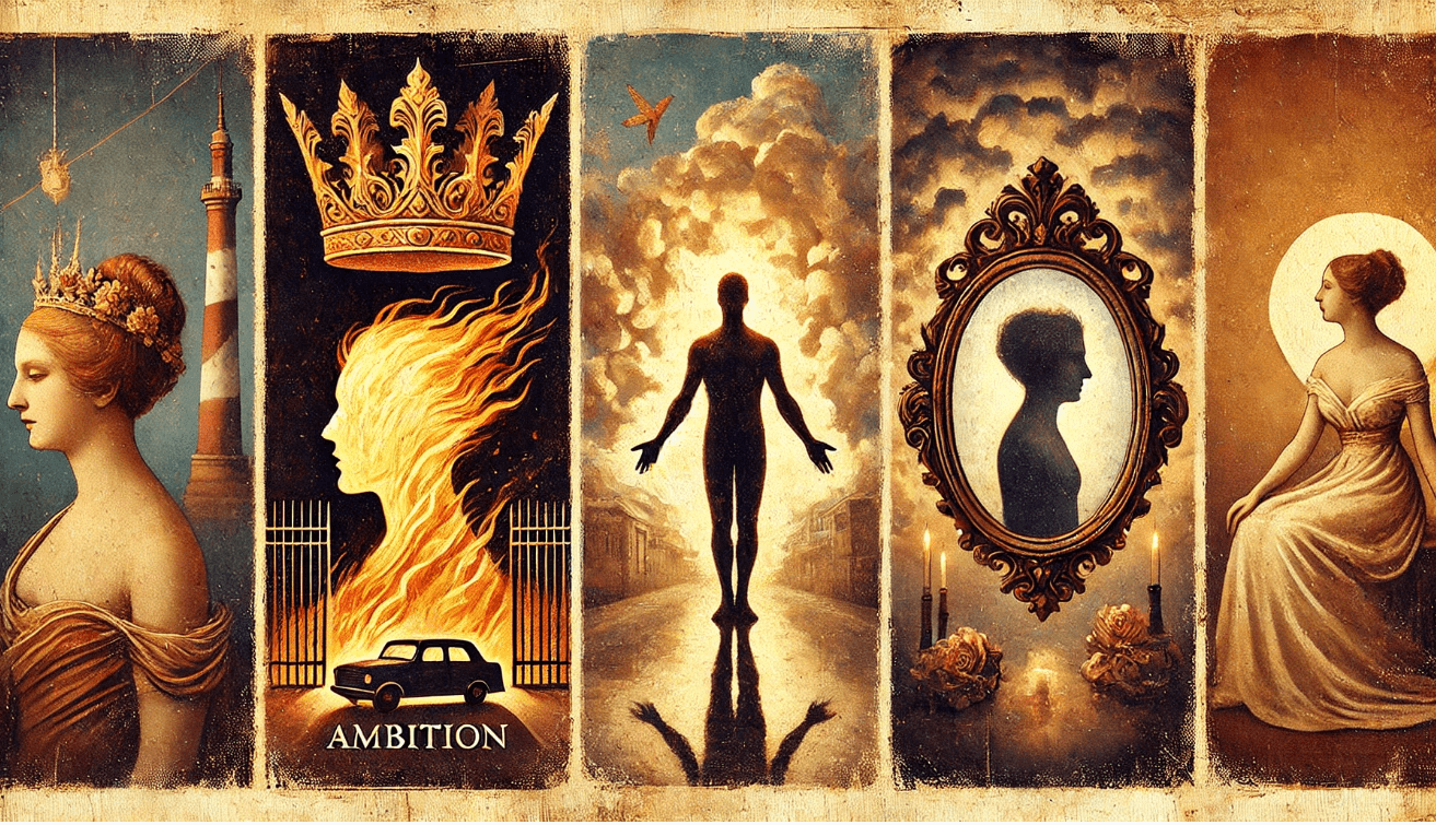 A vintage-style collage illustration with rich painterly textures