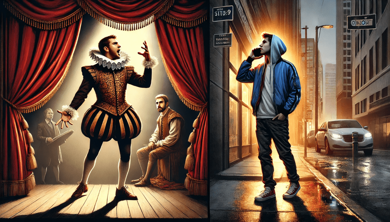 A stylized split-scene image contrasting two monologues