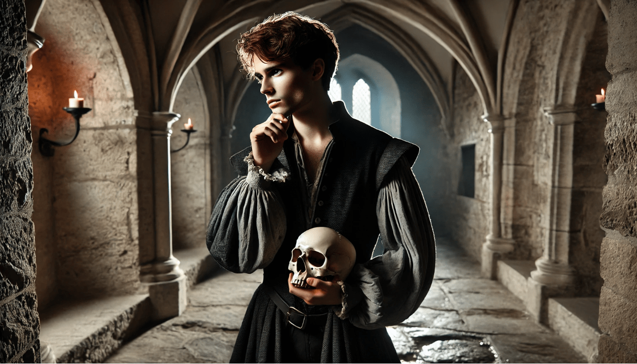 In a shadowy stone corridor of a Renaissance-era castle