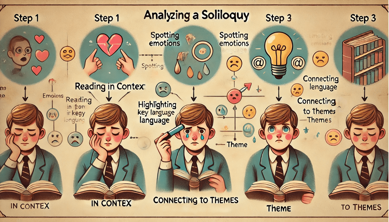 Infographic with four sequential panels in soft, vintage tones depicting a character’s soliloquy analysis process
