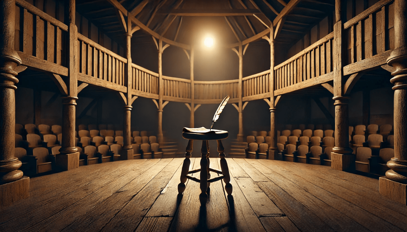 A nighttime scene of an empty, historic wooden theater stage inspired by Shakespearean design